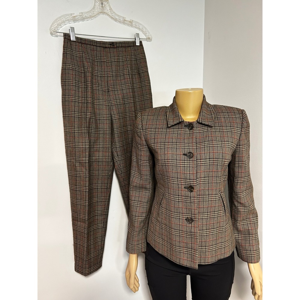 Herve Benard Petite Brown Glen Plaid 100% Wool Pant Suit Set 4P Vintage 2 Piece